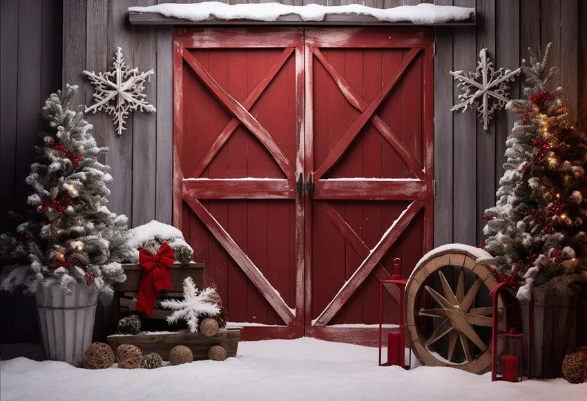 Mehofond Winter Red Barn Photography Backdrop Family Holiday Party Xmas Snow Pine Tree Giltter Wood Door Decor Photo Background image 4
