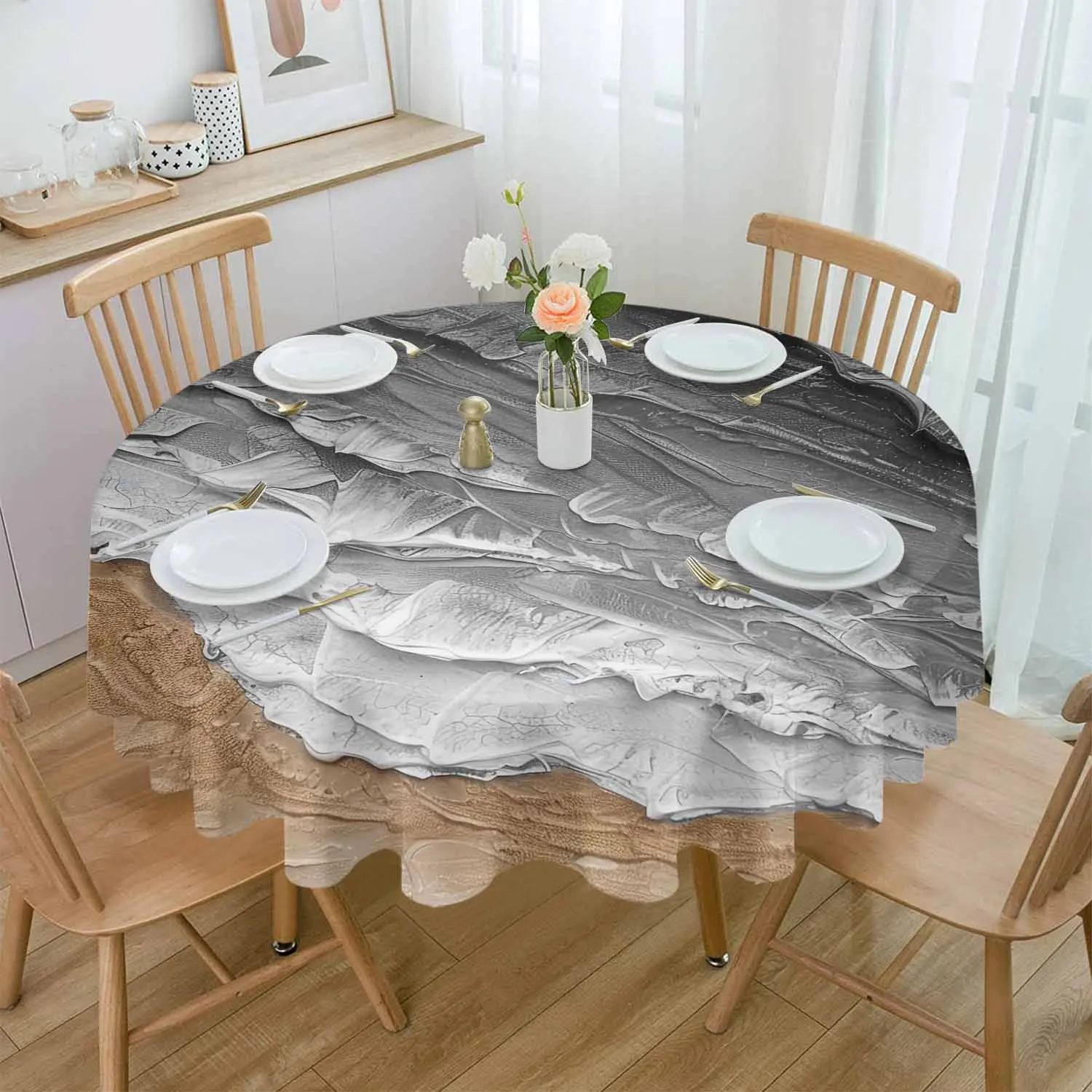 Ocean Waves Sandy Beach Dark Gray Gradient Waterproof Tablecloth Tea Table Decoration Round Table Cover For Kitchen Wedding Home