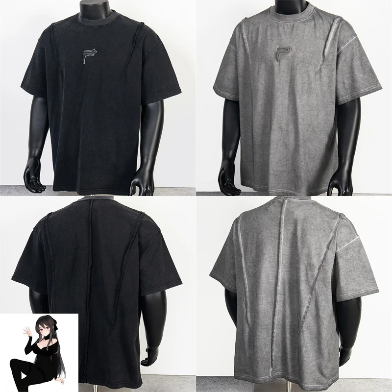 

2025 THUG CLUB Embroidery Moon Star T-Shirt Loose Casual Tee Men Women High Quality Back Three Bulge Stitch Line T Shirt Tops