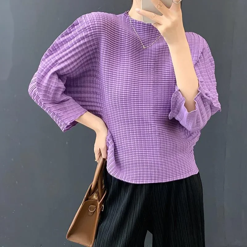 

Pleated Stand Handmade Collar Pullover Women's T-shirt 2025 Autumn Batwing Three Quarter Sleeve Loose Top New 20PP8