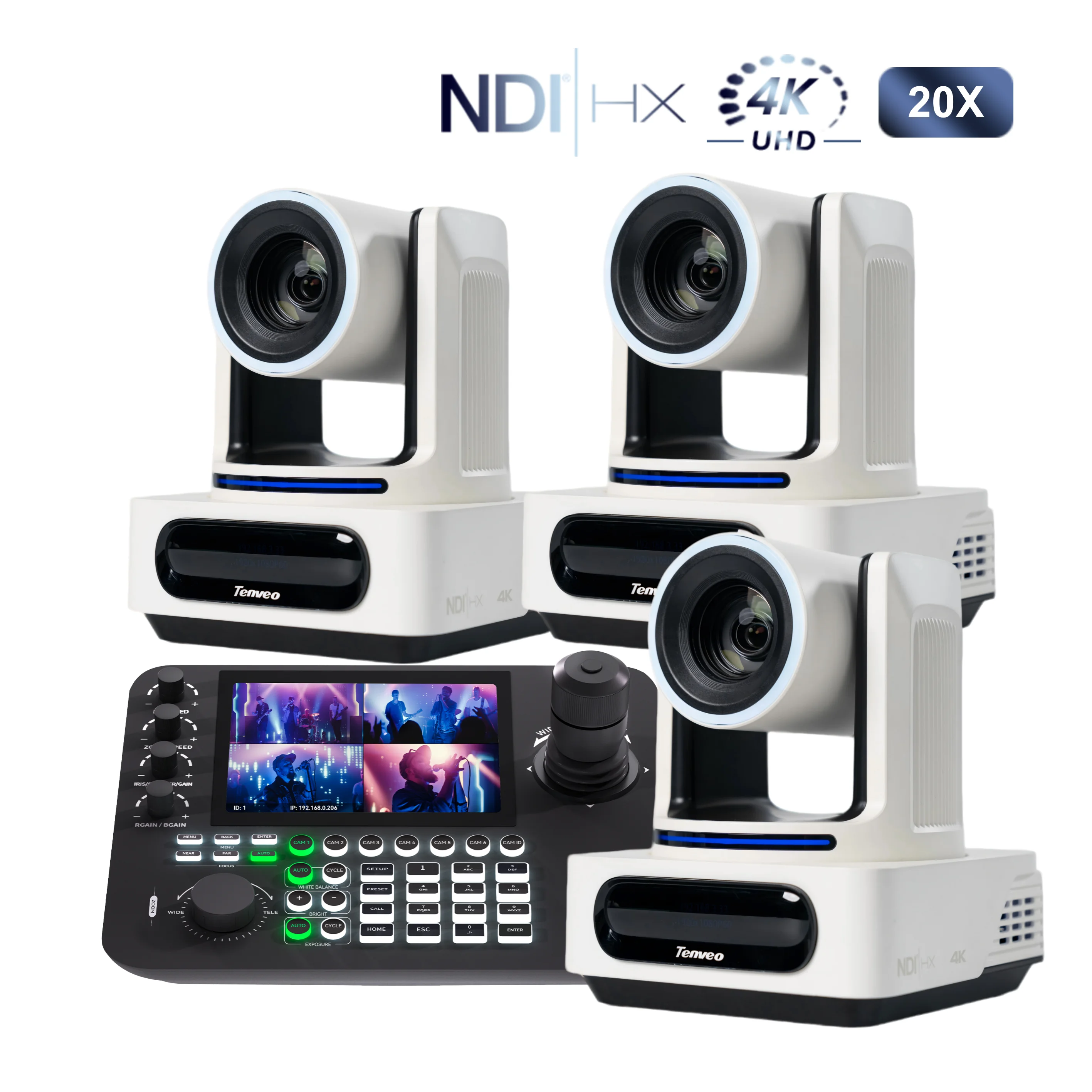 Tenveo NEW COLOR VX20M-4K NDI PTZ Camera Kits 20X USB HDMI SDI PTZ Camera(*3) And IP Keyboard Controller Livestreaming System