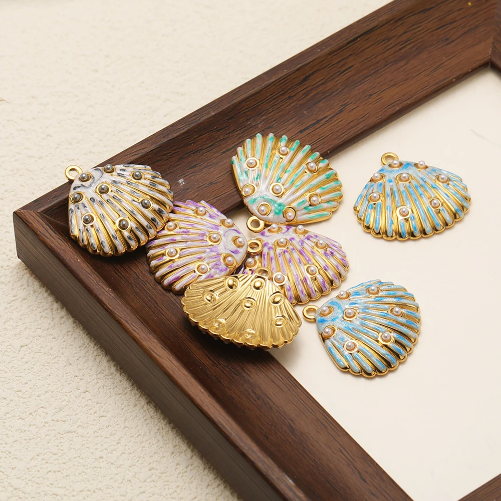 4 Stück Edelstahl-Emaille-Muschelperlen-Anhänger für DIY-Halsketten, Anhänger, Schmuckzubehör für Mädchen, Ohrringe, Bastelzubehör – Detail 4