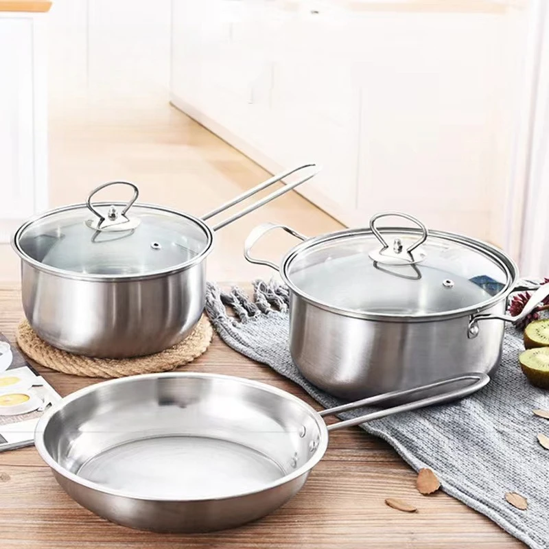 3-Piece Stainless Steel Cookware Set Korean-Style Soup Pot Milk Pan Rust-Proof Durable Kitchenware Easy-Clean Surface Gift Combo