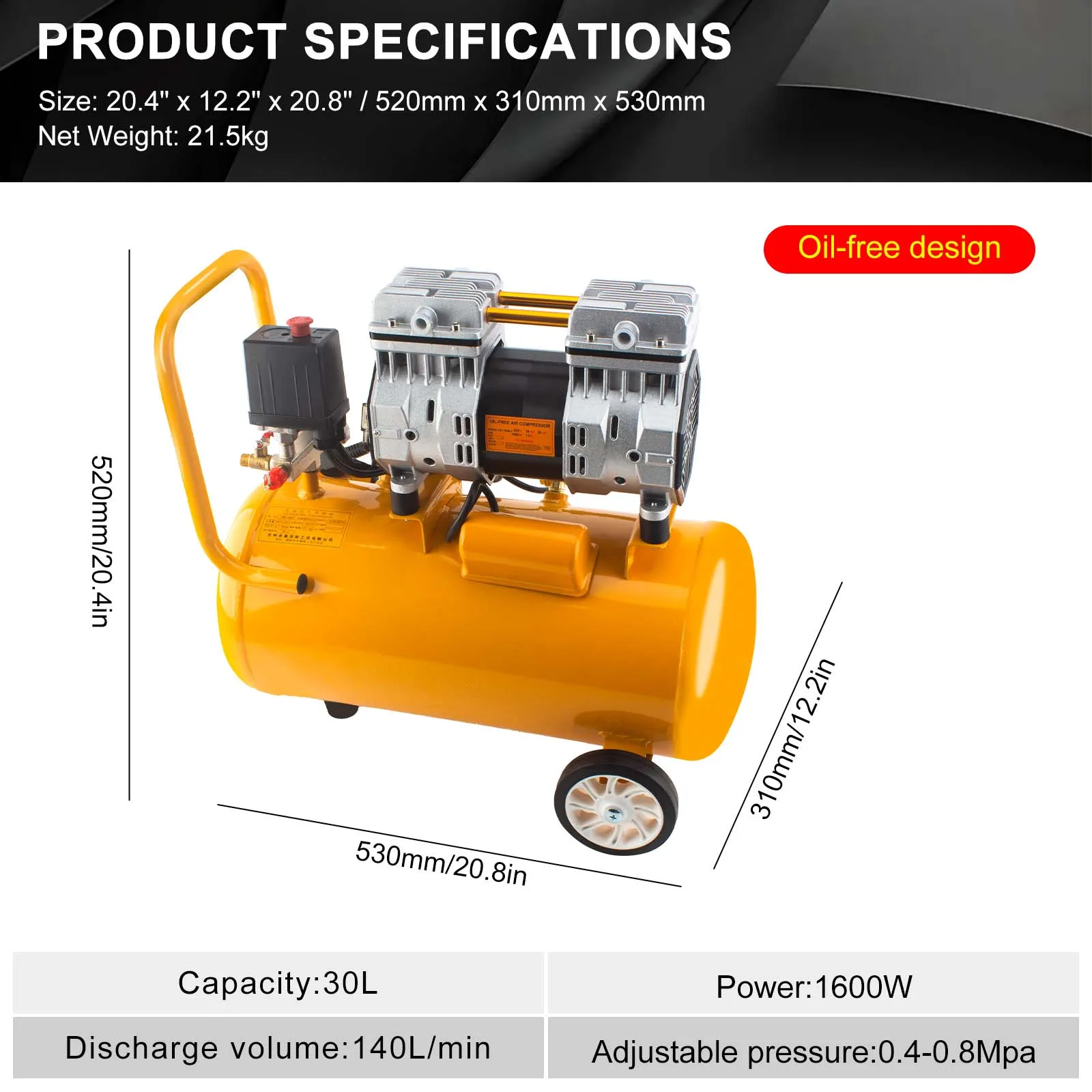 ماكينة ضاغط هواء خالية من الزيت 30 لتر مع محرك نحاسي 1600 وات 140 لتر/دقيقة 0.7 ميجا باسكال مضخة صامتة محمولة قابلة للتعديل #2