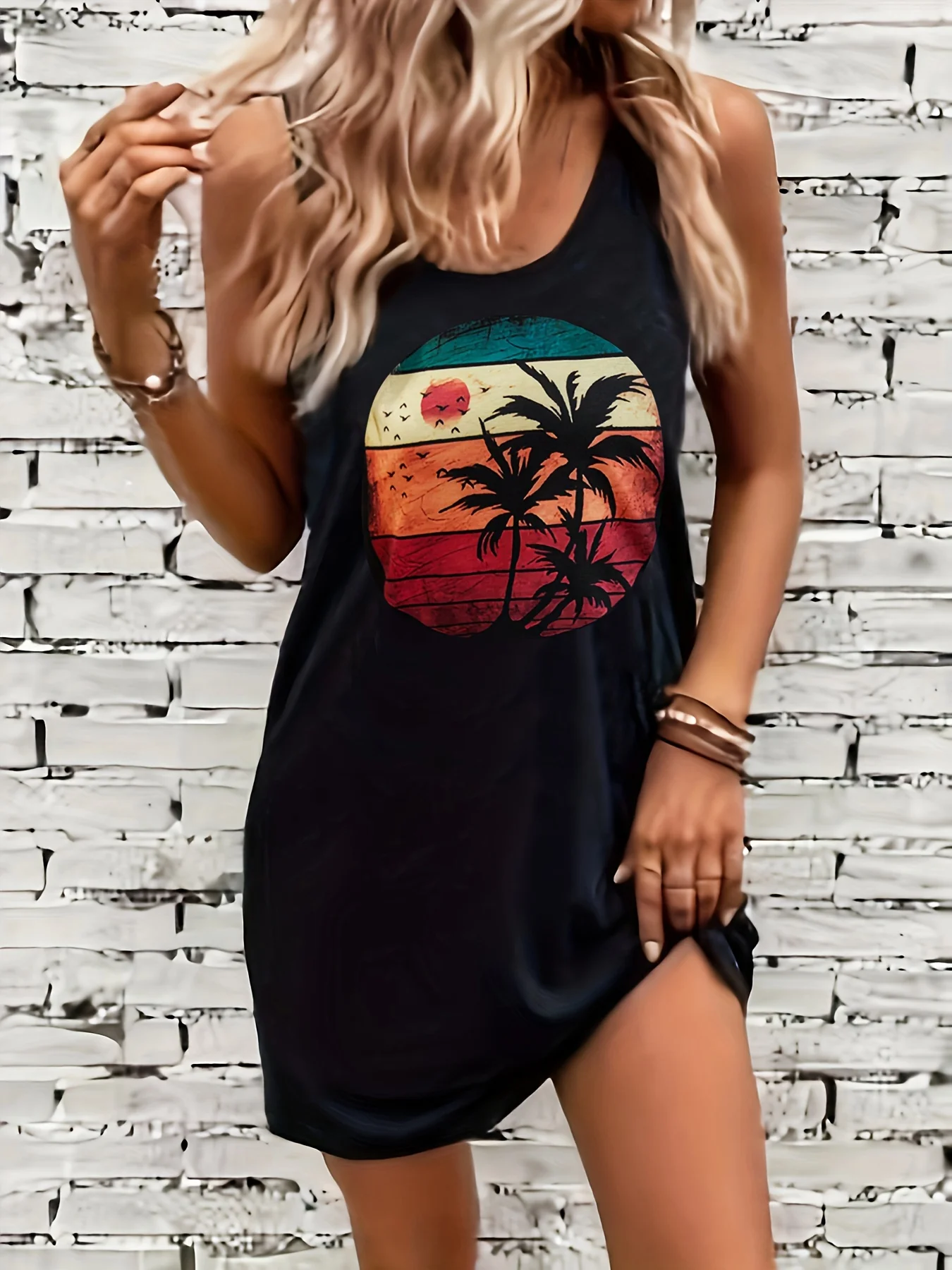 

Women's summer loose and comfortable casual sunset coconut tree pattern printed black sleeveless vest skirt punk style dress