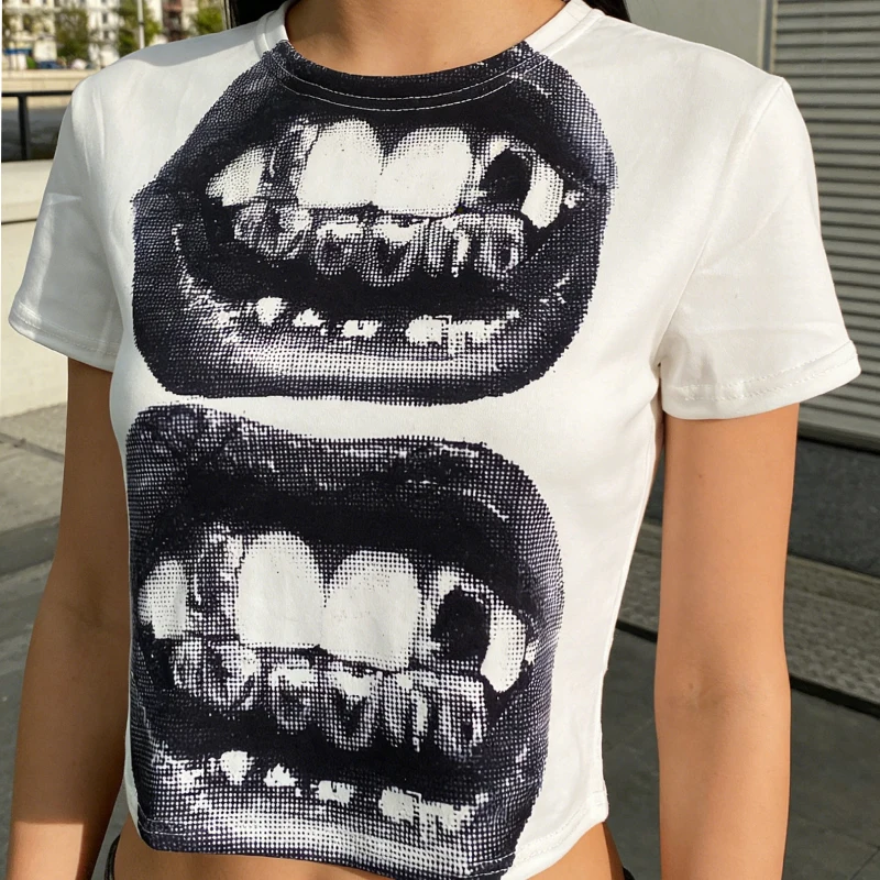 Frühlings- und Sommer-T-Shirt im amerikanischen Street-Style mit Lippen-Print, Farbblockierung, schmaler Passform, im Spicy-Girl-Stil, kurzes Oberteil.