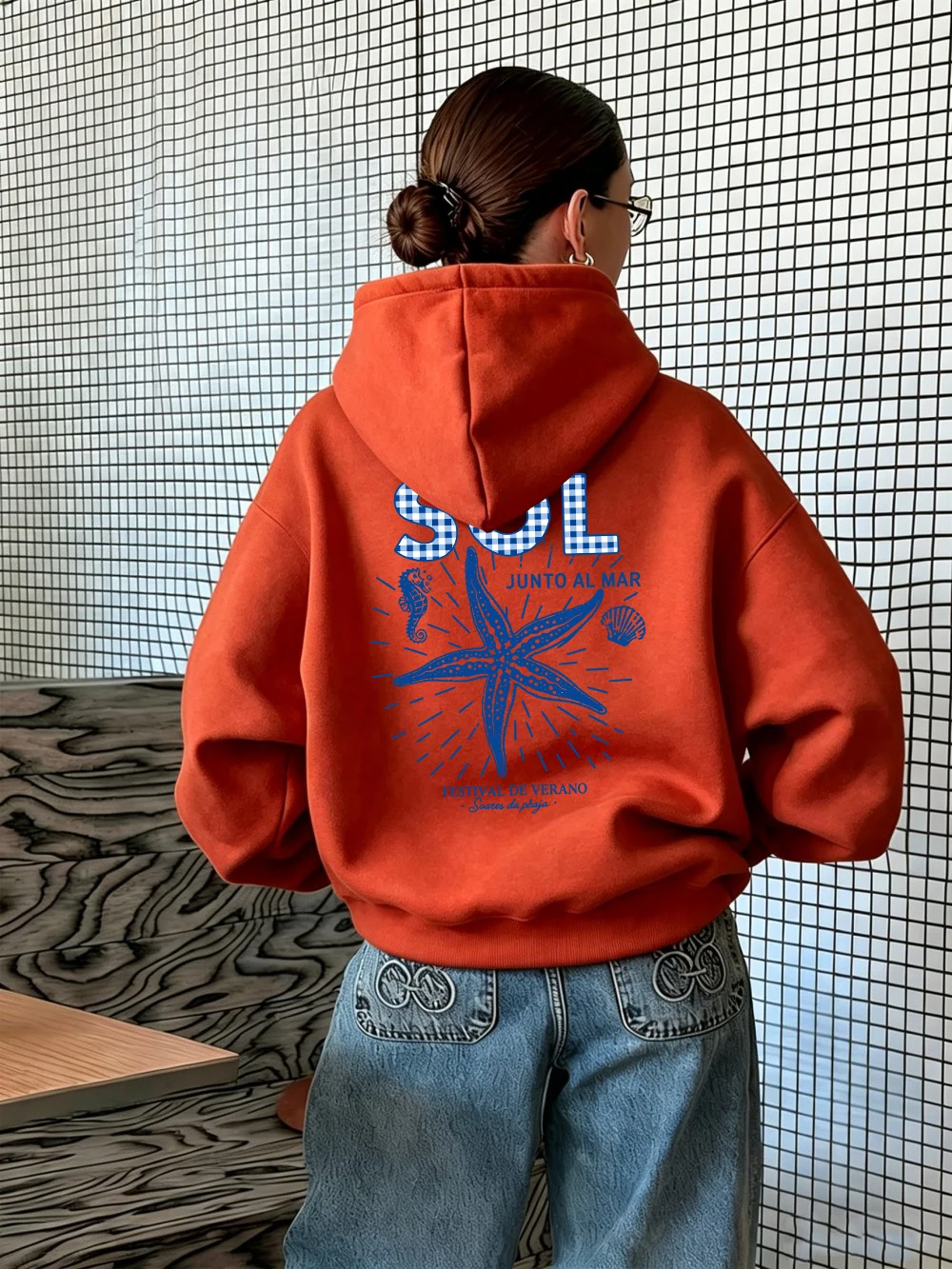 Sweat à capuche imprimé Sol Junto Al Mar pour femme, pull sportif avec poches, polaire chaud pour l'hiver, basiques amples pour femme