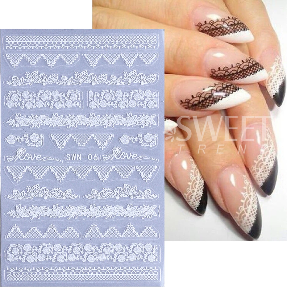 Autocollants pour ongles en dentelle, 2 pièces, breloque noire et blanche, fleurs en dentelle, conception de ligne Simple, décalcomanies pour ongles, curseur de mariage élégant, décoration de manucure