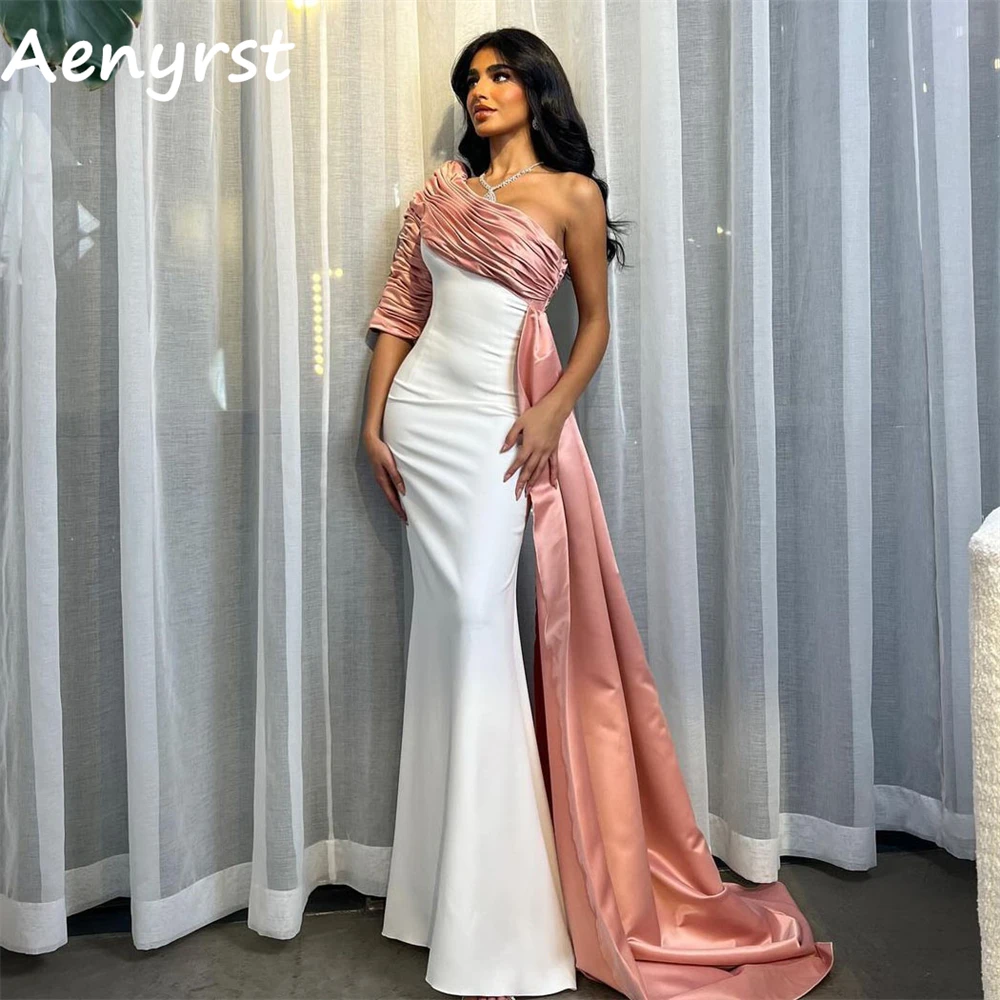 Aenyrst-Vestidos de Fiesta elegantes con un hombro al aire, vestidos de noche plisados de sirena de satén, longitud hasta el suelo, ceñido al cuerpo, Color de contraste