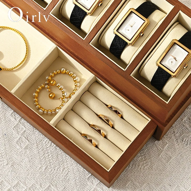 Oirlv 6 Grild Solid Wooden Watch Box Double-layer Drawer Jewelry Display Box Watch Storage Box Watch Organizer Case