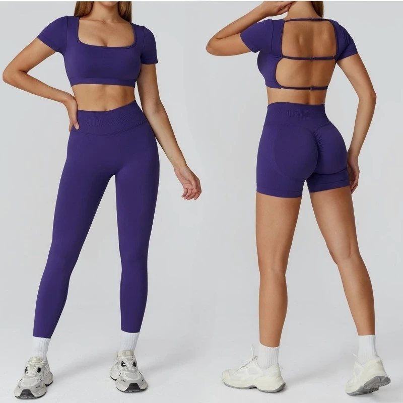

Women's Seamless Yoga Short Sleeved Set with A Bare and Beautiful Back High Waist Yoga Suit Outdoor Sports and Fitness Set