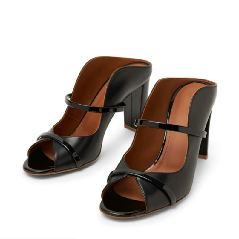 

Double Straps Women Mules Shoes Black Patent Leather Peep Toe Slip on Chunky Heels Summer Slippers PU Female Footwears