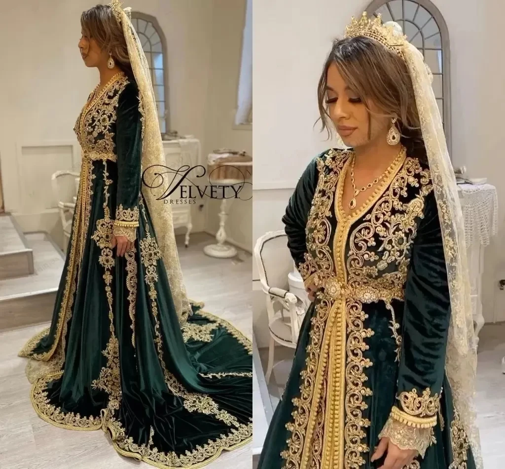 Moroccan Kaftan Muslim Evening Dresses A-line Long Sleeves Velvet Appliques Dubai Arabic Turkey Abaya Islamic Gown Customized