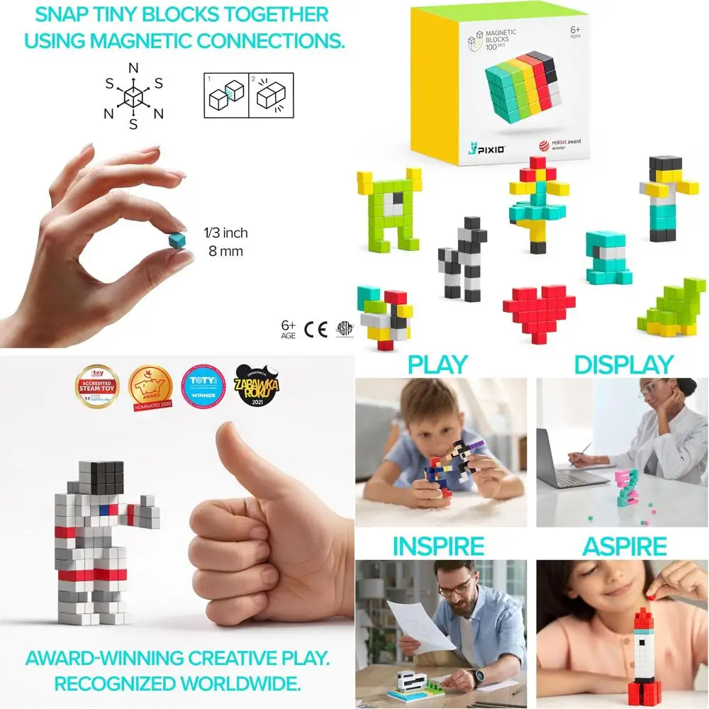 Pixel Art-Inspired Magnetic Building Blocks - PIXIO-100 Set with 6 Magnets in Each Cube for Endless Creativity, Ages 6+