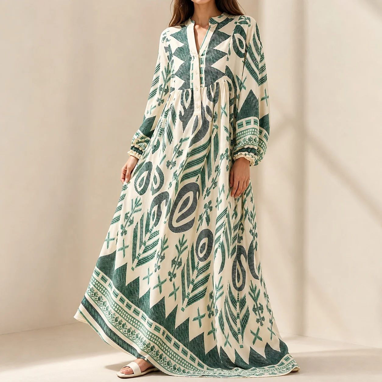 Women's Green Printed Open Abaya Maxi Dress V Neck Loose Fit A Line Button Front Elegant Moroccan Caftan Muslim Woman Abayas