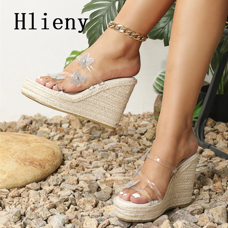 Hlieny 2024 New PVC Transparent Butterfly-knot Wedges Slippers Women Sandals Solid Platform Wedges High Heels Summer Shoes