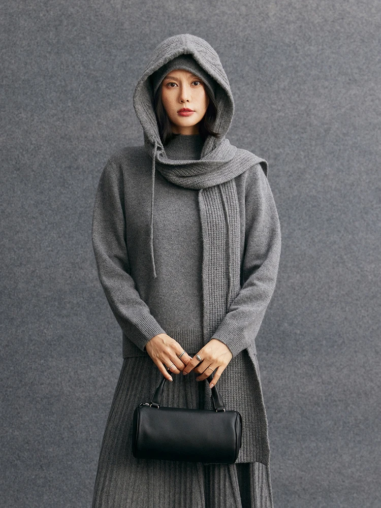 TLOML 시크 여성용 100% 캐시미어 가을 겨울 케이블 니트 후드 캐시미어 스카프 모자 보온 캐시미어 니트 스카프 패션 탑