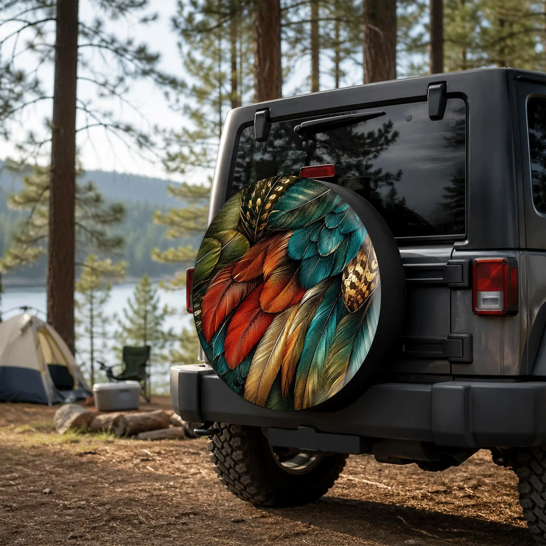 1pc, Vibrant Multicolor Feather Print Car Tire Cover, Stylish Universal Wheel Hub Protector, Provides Spare Tire Protection, Per