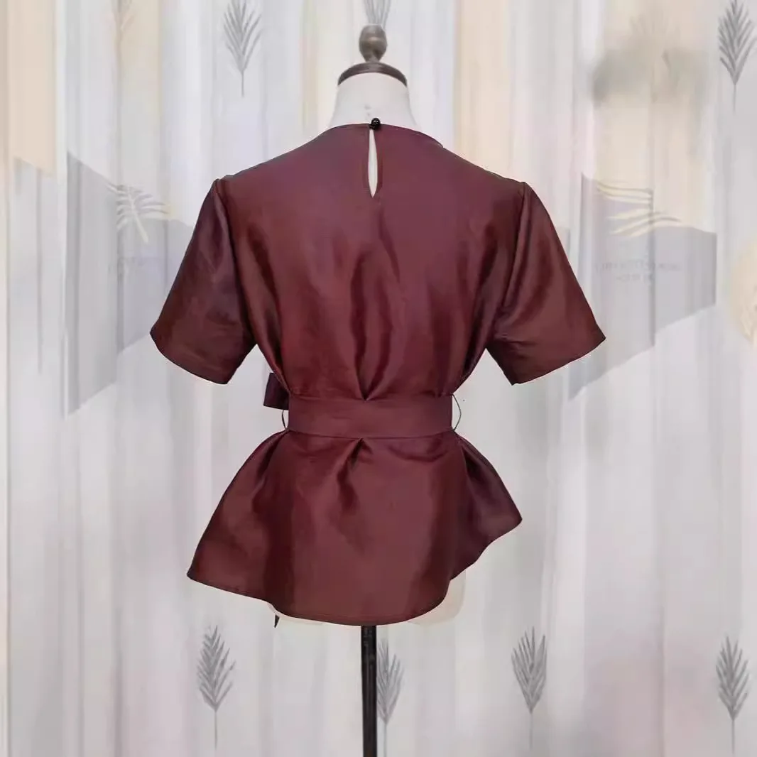 

High Quality Red Cloud Yarn Top Female Versatile Belt Real Silk Gambiered Guangdong Shirt Short Sleeve Summer New