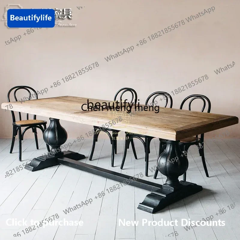 183F Log solid wood dining table Neoclassical rectangular table Simple American restaurant Multi-person dining table