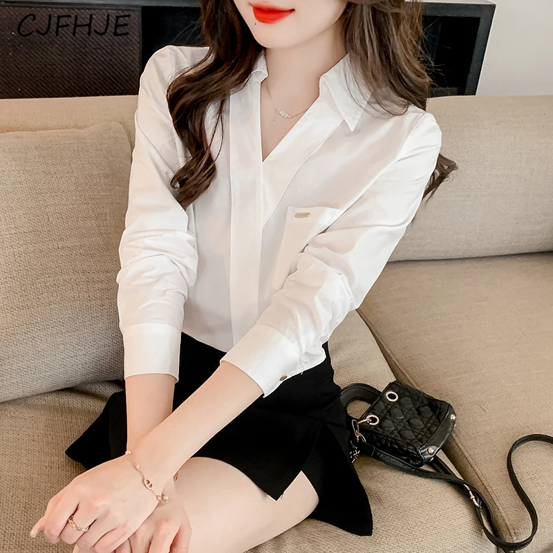 CJFHJE Spring New Women's Asymmetric V-neck White Shirt Korean Fashion Versatile Casual Long Sleeved Women Minimalist Shirt Top