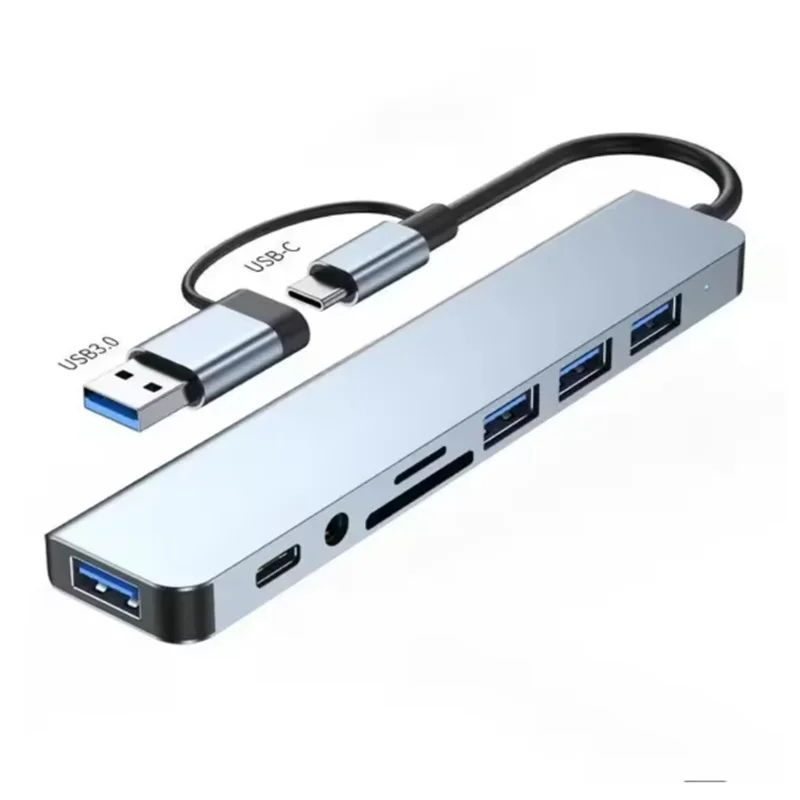    ฮับ USB C แบบ 8 in 2 พร้อมอะแดปเตอร์แจ็คเสียง 3.5 มม. ช่องอ่านการ์ด Micro SD สำหรับแล็ปท็อป แท็บเล็ต โทรศัพท์ และตัวแปลงดิสก์