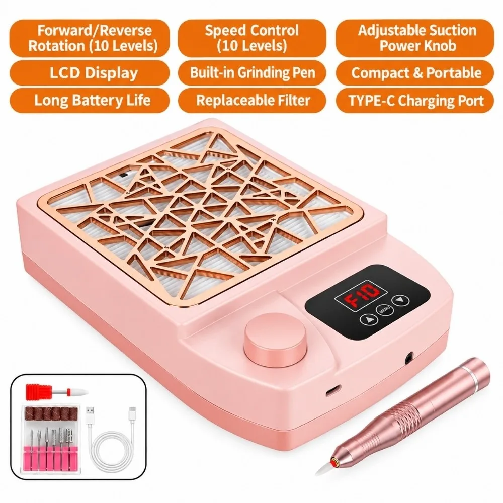 Dust-Proof Nail Vacuum Cleaner Mini 2-in-1 Electric Nail Drill File Rechargeable Adjustable Speed Nail Dust Collector Manicure