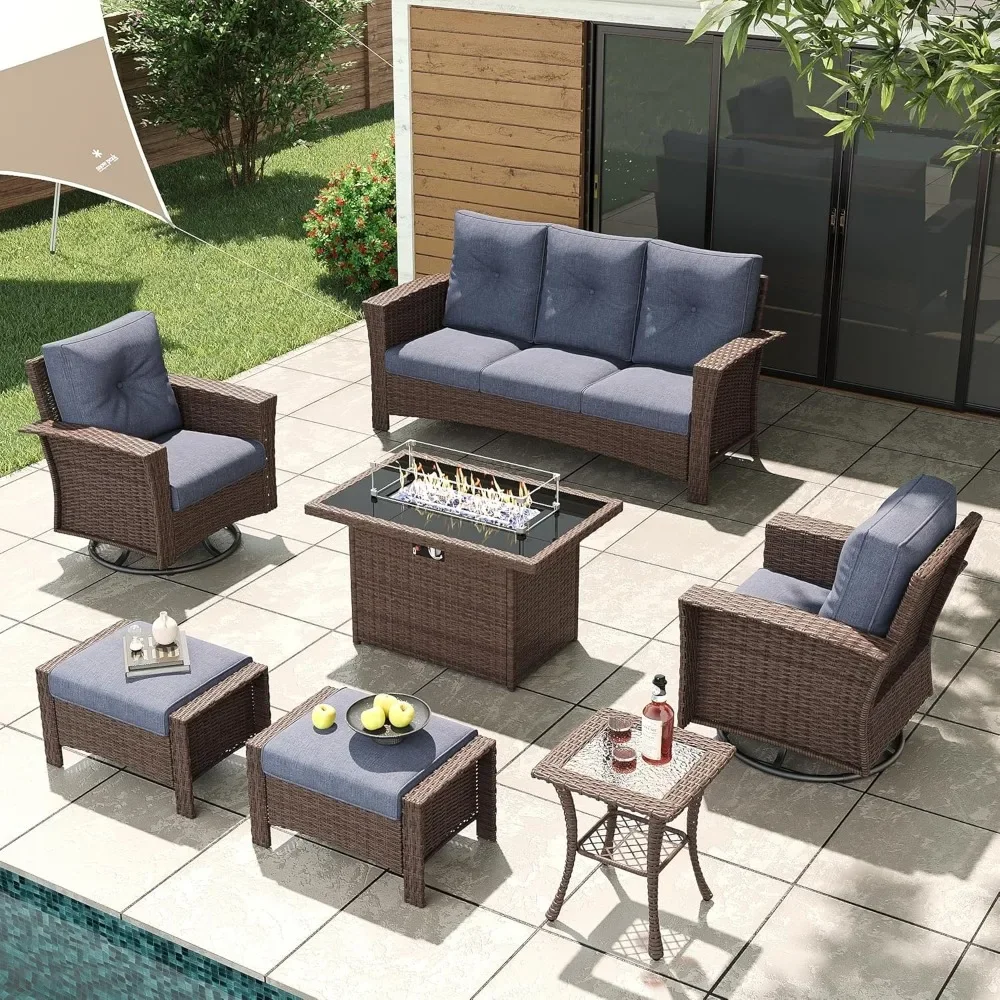 

7 Piece Wicker Patio Furniture Set with Fire Pit Table, Classis Outdoor Conversation 360 Degree Swivel Chairs Set