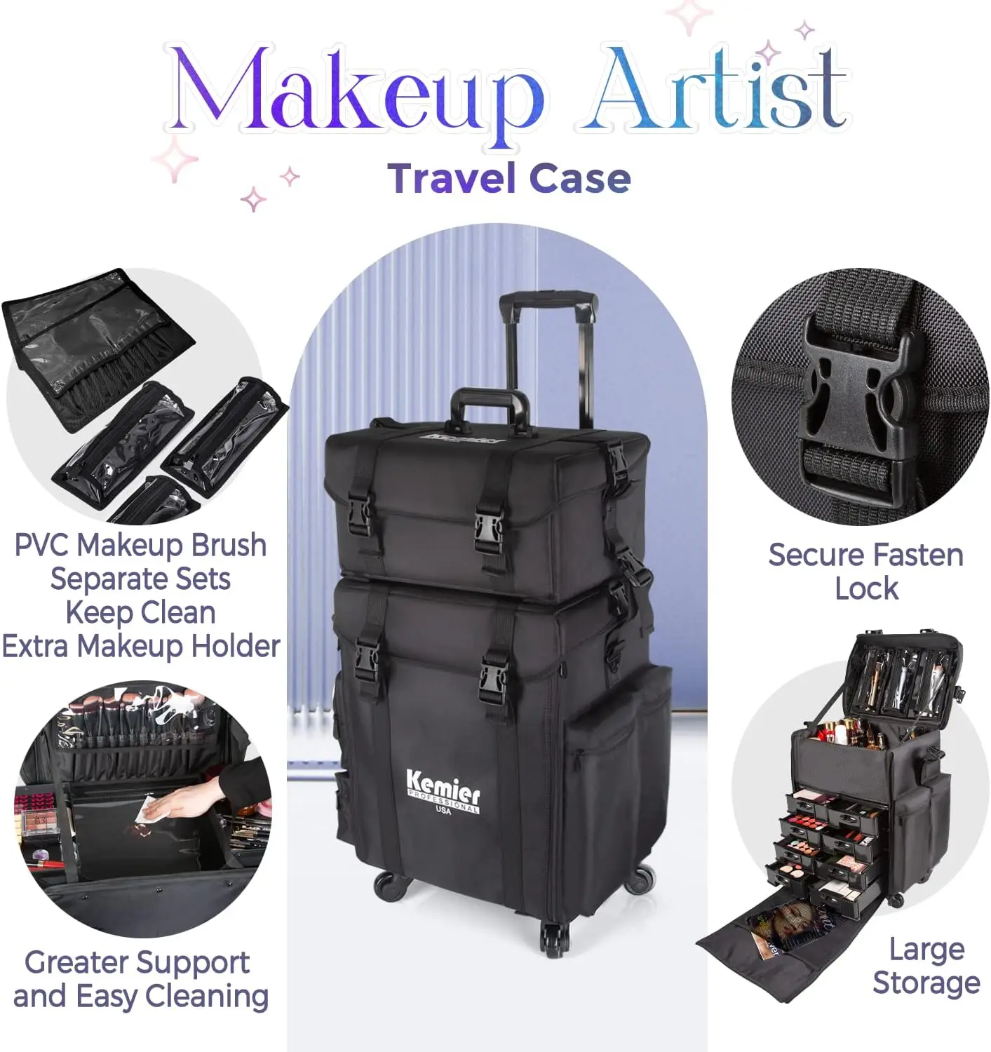 Professional Rolling Makeup Train Case with Removable Wheels and Storage Drawers for Artists and Stylists