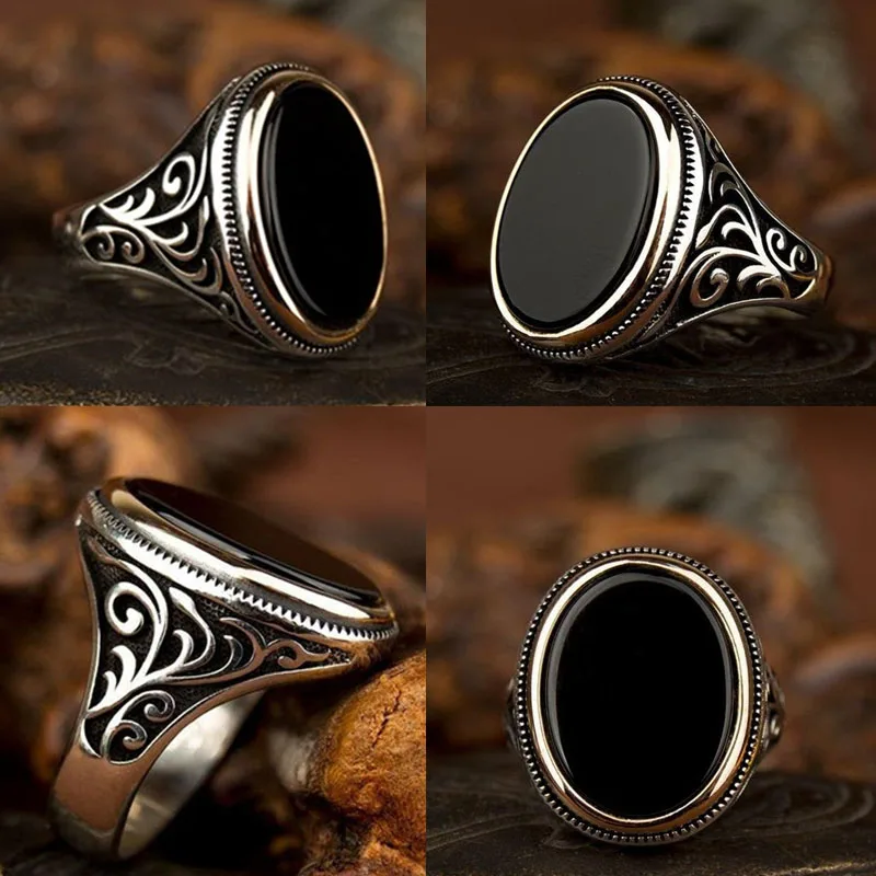 Punkboy Vintage Style Men's Ring Craved Pattern Black Egg-shaped Crystal Silver Color Ring for Male Party Jewelry Size 6-13