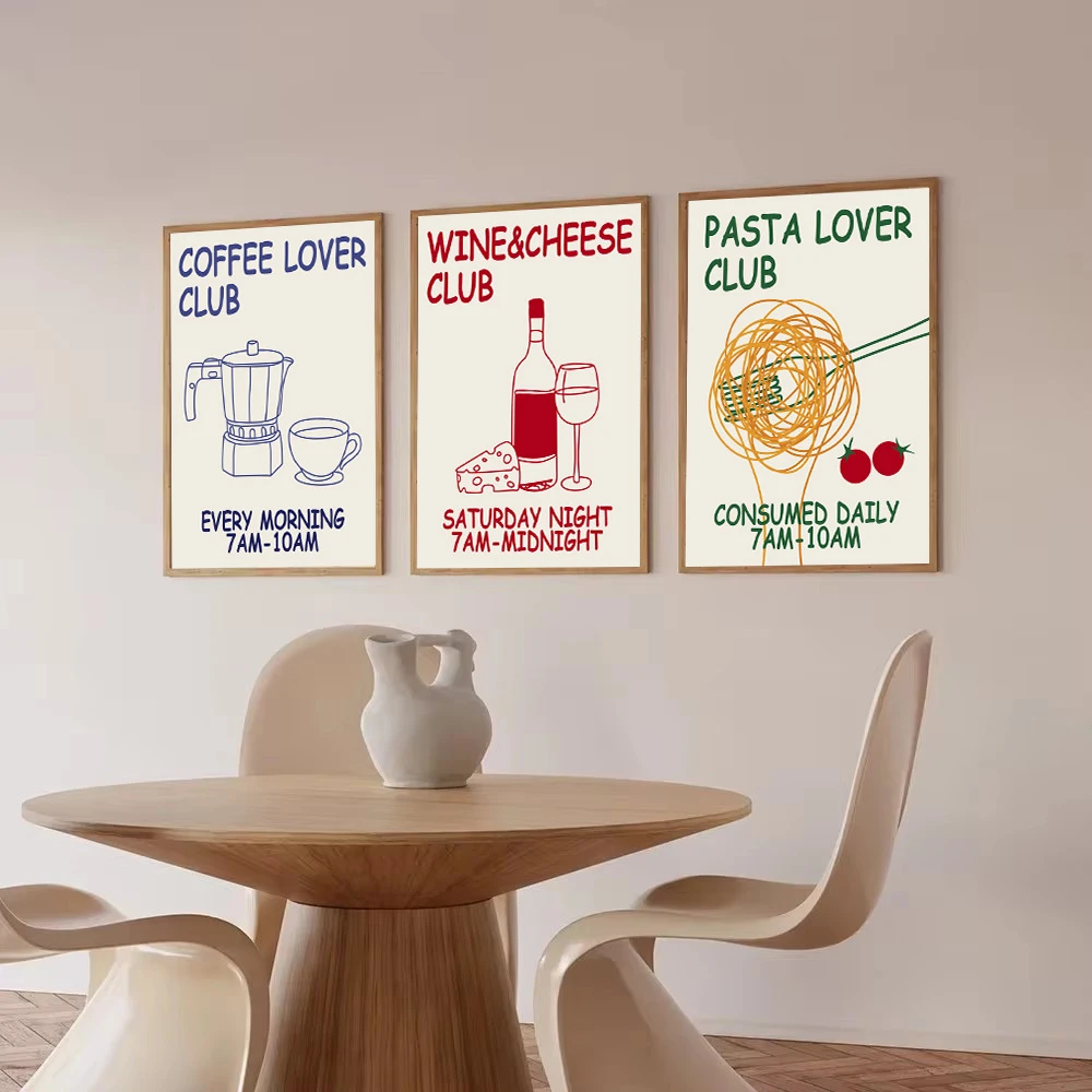 Hand Drawn Kitchen Moka Pot Coffee Pasta Lover Poster Wine and Cheese Food Wall Art Canvas Painting Print Living Room Home Decor