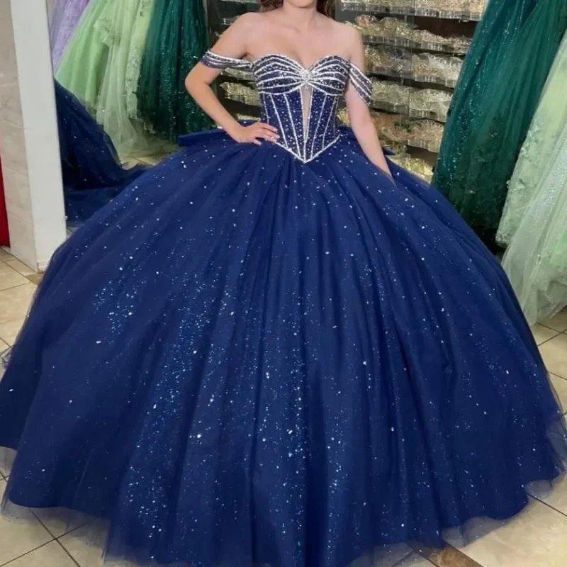 Glitter Navy Blue Quinceanera Dresses Beaded Off The ShoulderCorset  Ball Gown Bow Sweet Dress Vestido De 15 Anos Customized