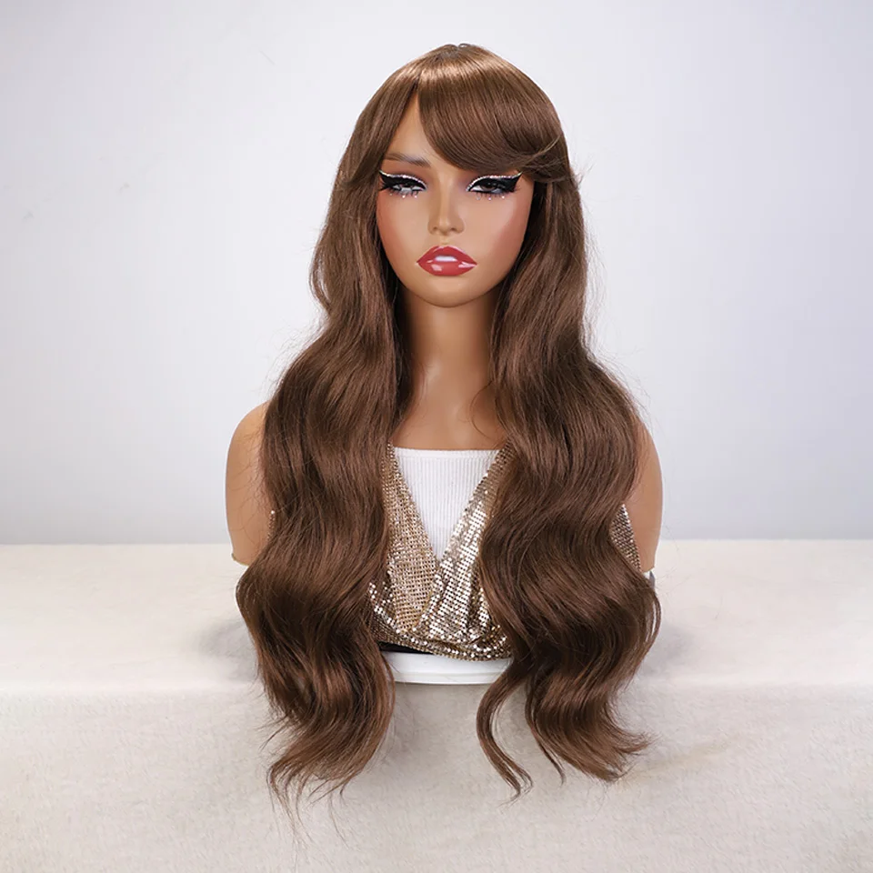 Magic Cosplay Ombre Brown Wig 26 Inch Long Wave Synthetic Wigs With Bangs Wig For Women High Temperature Natural Fake Hair Wig