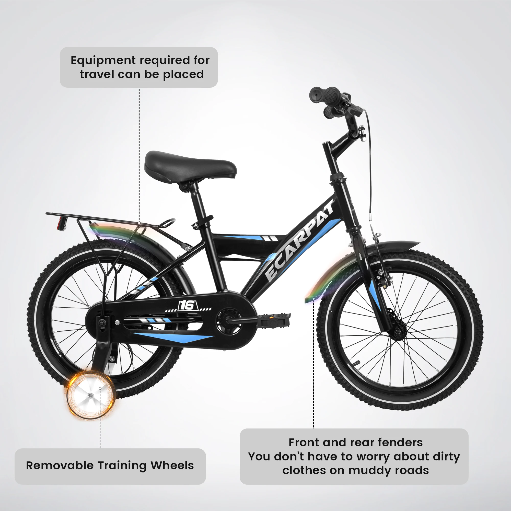 Bicicleta Freestyle com Fender e Carrier para Crianças, Bicicleta com Rodas de Treinamento, Meninos e Meninas, 14 pol