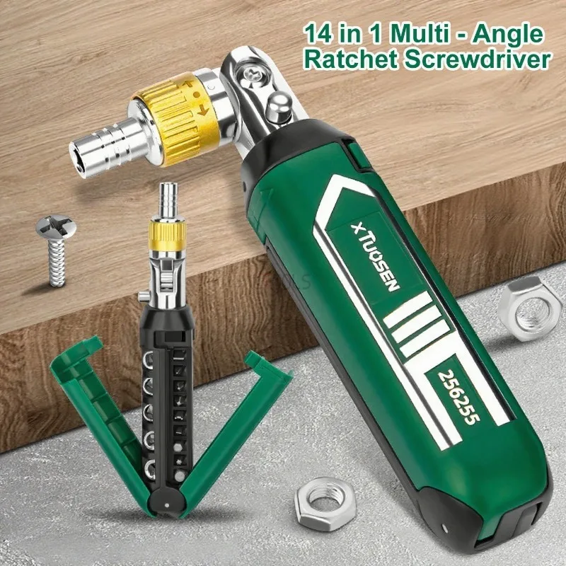 14 in 1 Multi-functional Ratchet Screwdriver Set 180-degree Rotation Straight and Cross Ratchet Screwdriver Bit Kit Repair Tool