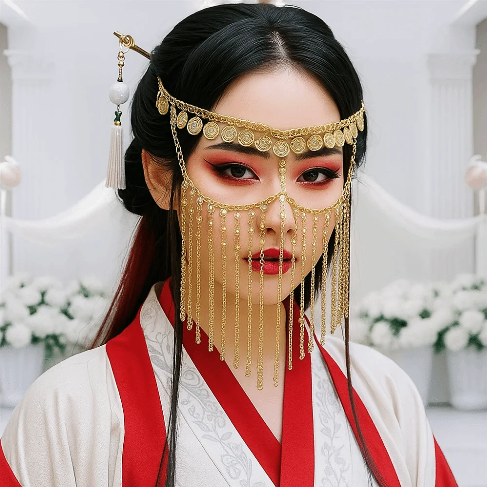 Decorazione per il viso Moneta Campana Danza del ventre Velo per il viso Tenda in stile etnico dorato Testa a catena Copricapo Fascia per cosplay Maschera per travestimento Ragazza