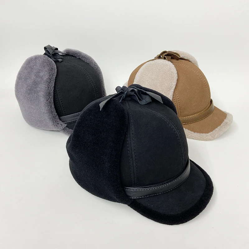 

New Winter High Quality Leather Hat Men Fur Lamb Wool Warm Thick Earflaps Bomber Hats Men's Baseball Cap Russian hats