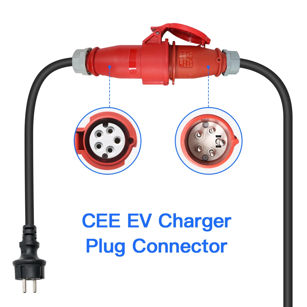 Schuko-enchufe de alimentación a Cee Red, adaptador de 5 agujeros, conectar con 16A, 3 fases, 11KW, cargador EV, enchufe de alimentación rojo Cee