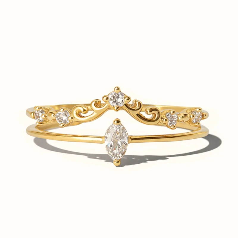 Exquisite Women Double-layered Glossy Diamond-shaped Synthetic Zirconia Openwork Ring Perfect Wearing Gathering Banquets Parties