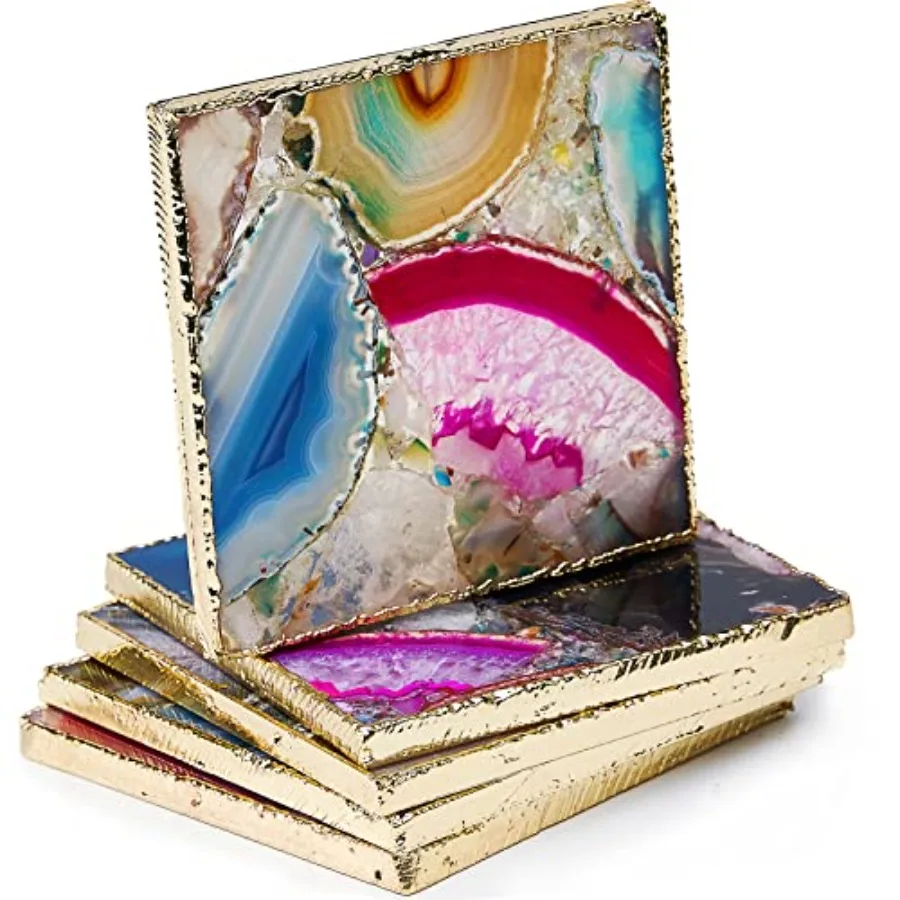 

Agate Coasters Set of 4, Rainbow Crystal Coasters with Gold Edge for Home Decor