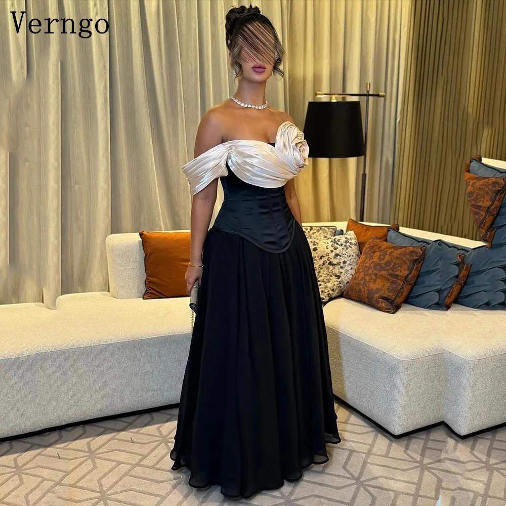 

Verngo Black Sayin Evening Dress Off The Shoulder 3D Flowers Prom Gowns Elegant Saudi Arabia Formal Occasion Dress Customized