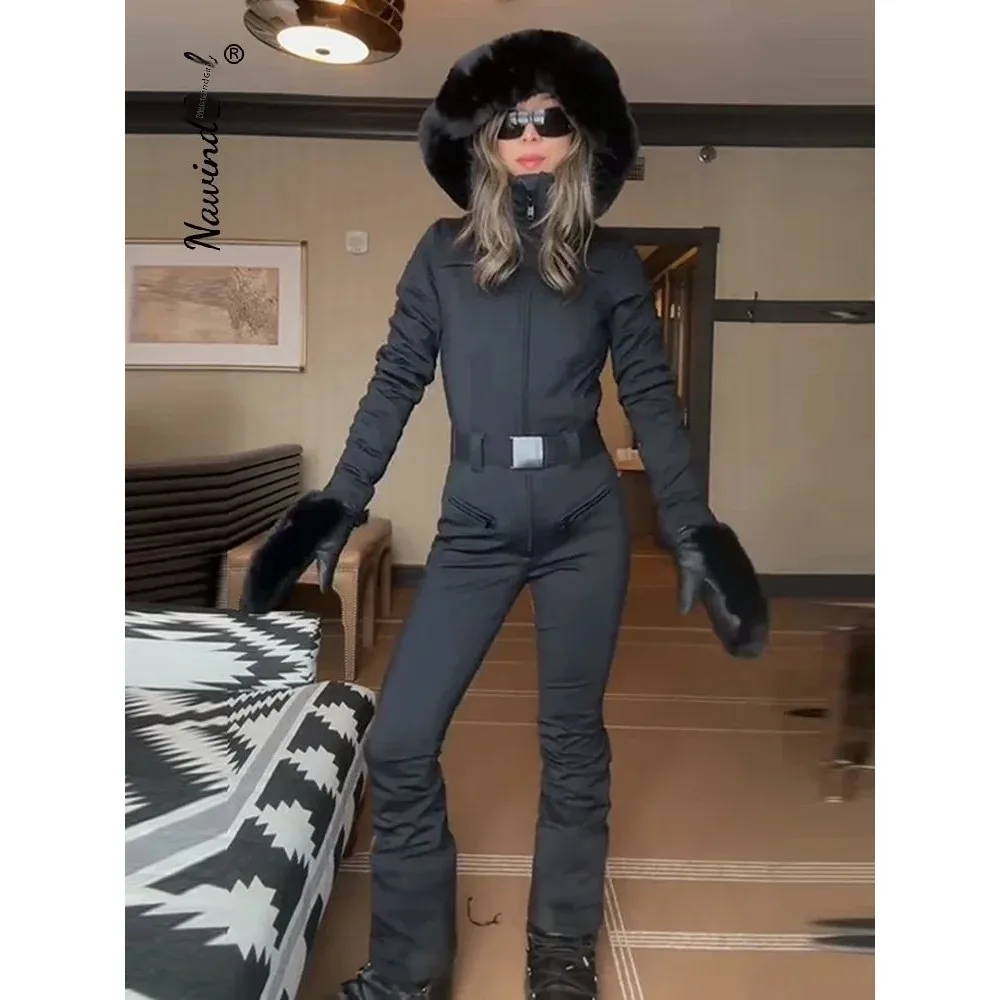 

Женский лыжный костюм с капюшоном, шапкой из искусственного меха, штанами с низкой талией на молнии, весна 2026, из смесового хлопка, женский комплект