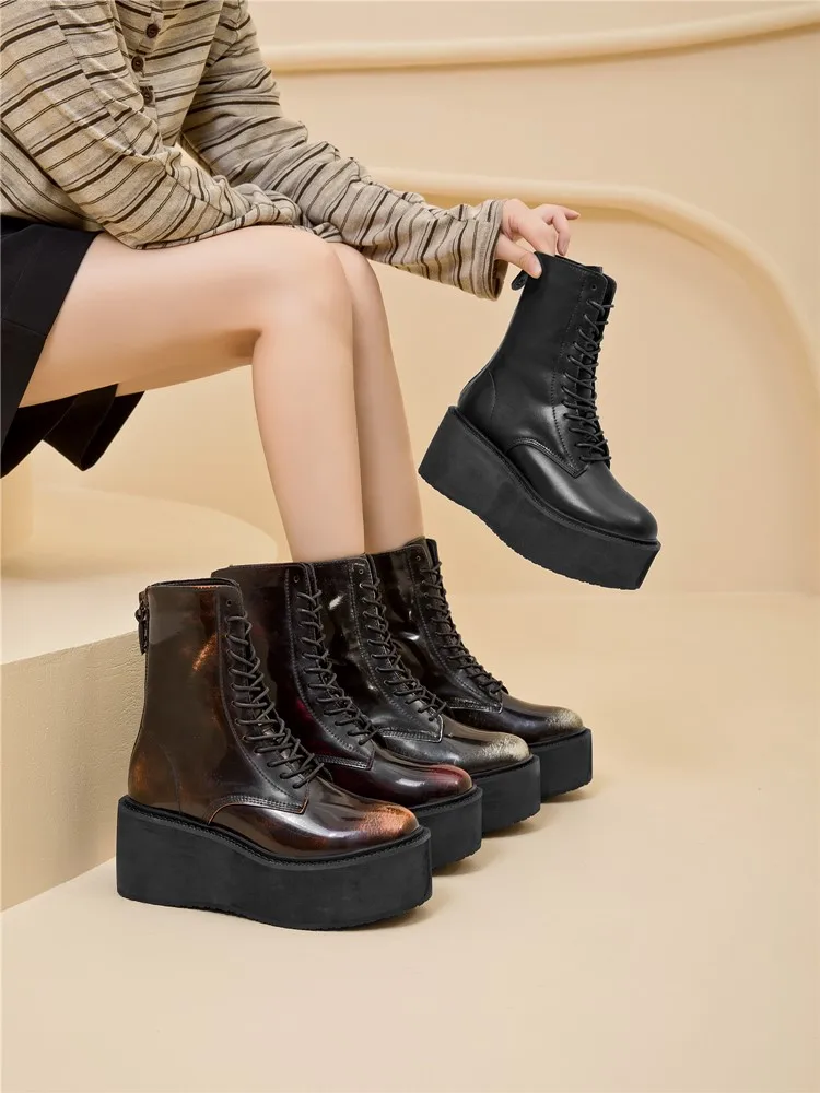 Damen-Stiefeletten und -Boots mit rutschfester, dicker Sohle für Herbst und Winter, Retro-Stiefel mit Erhöhung, Motorradstiefel für Damen – Detail 11