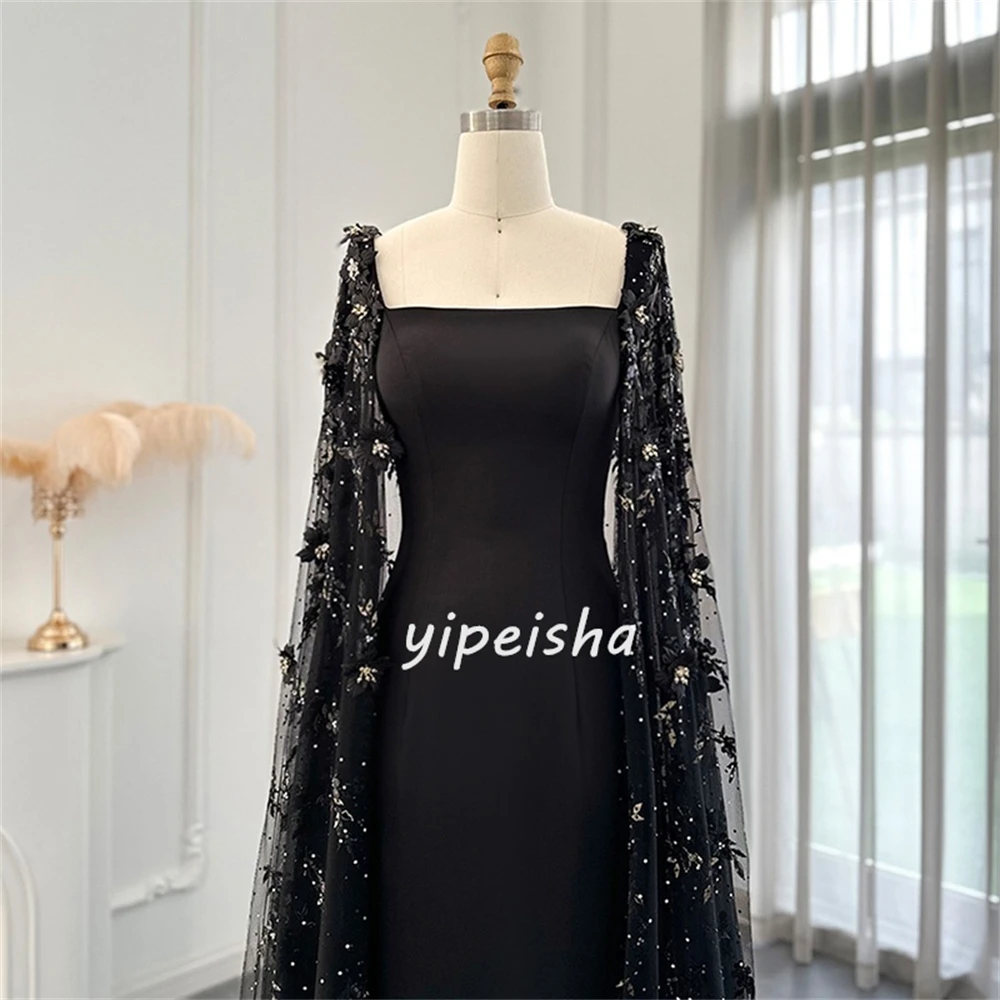 Intricate Sparkle Elegant Jersey Applique Rhinestone Sequined A-line Square Neck Long Dresses Evening Dresses Sizes Available