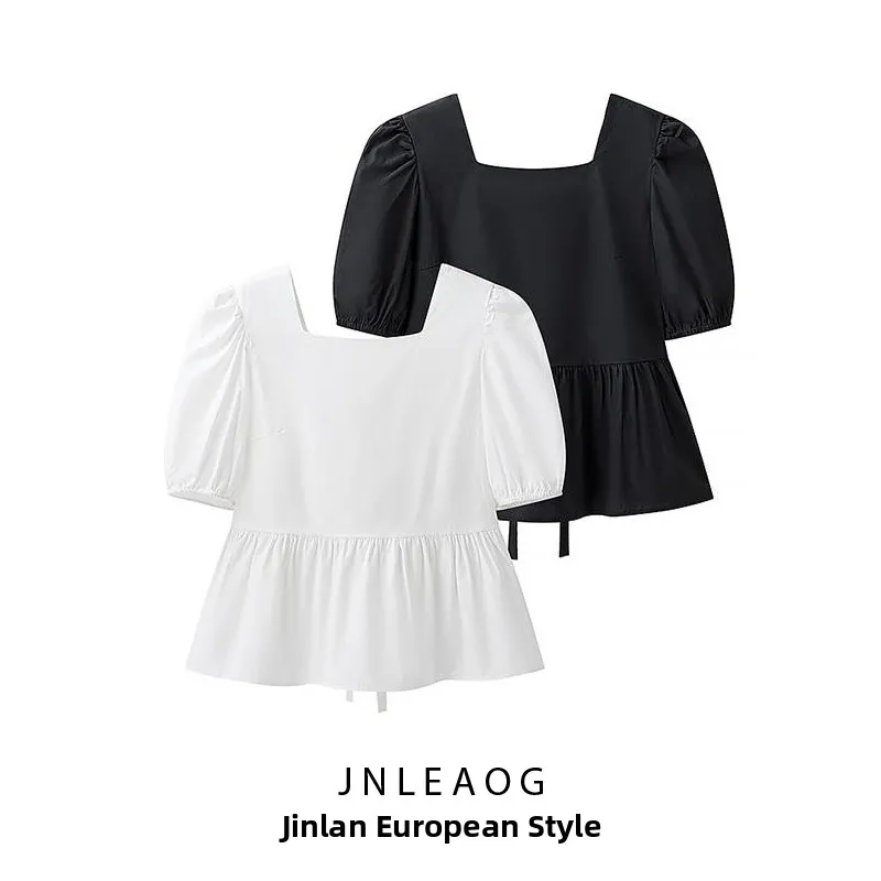 

Ele Square Collar irt with Belt Faionable Design Polyester ort Sve Women's Premium Quali Straight Cut Bubble S...