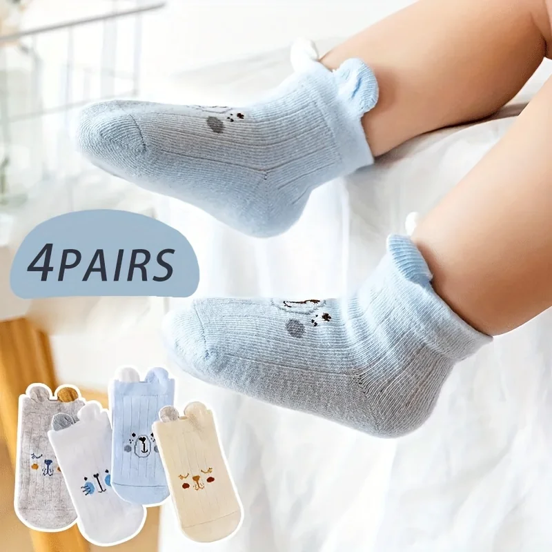 4 pairs of baby socks, cute boys and girls in spring and summer, cartoon three-dimensional teddy bear