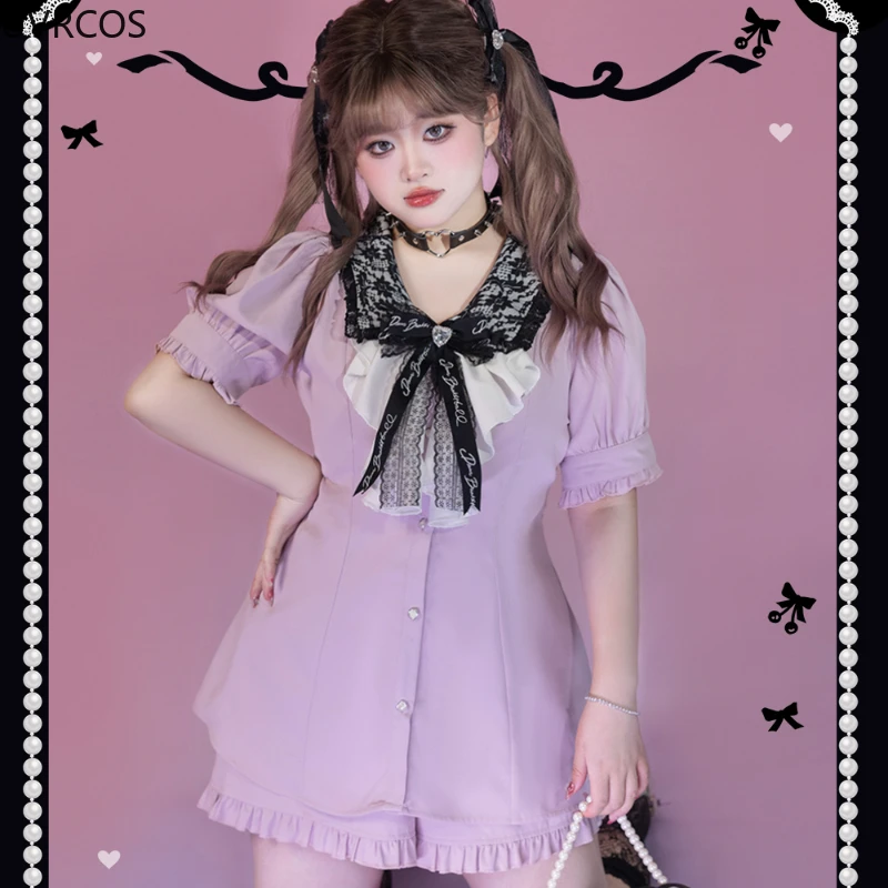 Japanese Gothic Y2k Lolita 2 Piece Sets Women Kawaii Bow Lace Short Sleeved Shirt Dress High Waist Rufffles Shorts Women Outfits