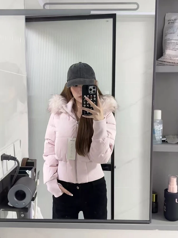 Parka damska z kapturem i kołnierzem z imitacji futra Y2K, zimowa, gruba, dopasowana, krótka kurtka puchowa, modna odzież uliczna, długi rękaw, zapinana na zamek, nowa