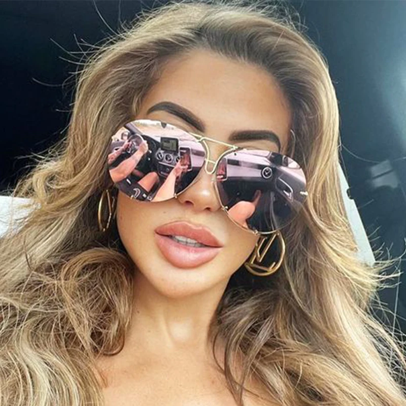 

pilot women's sunglasses big shades for women vintage mirror Luxury brand fashion glasses 2023 Oversized rimless sunglasses