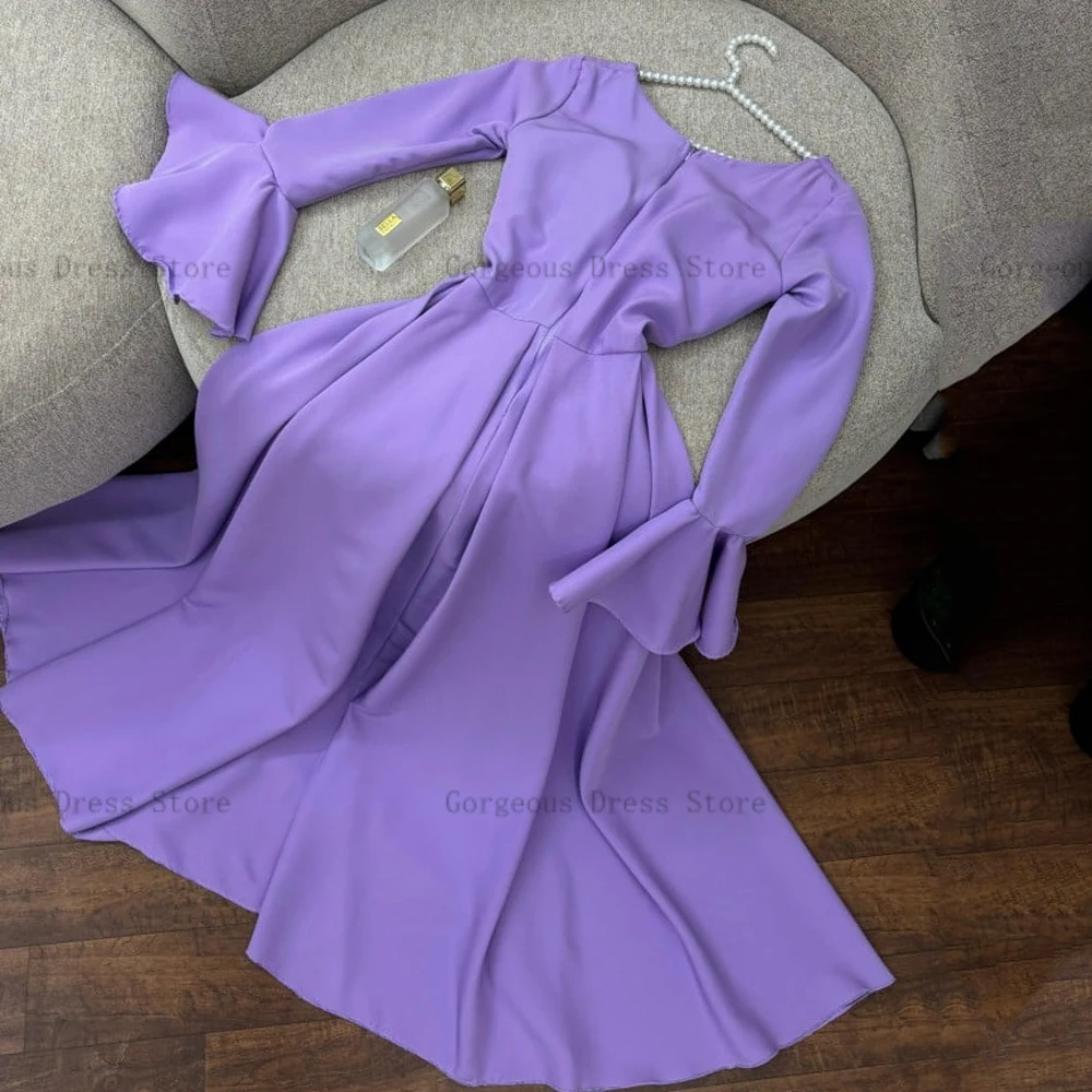 Elegant Lilac Evening Dresses Square Neck Long Flare Sleeves Prom Gowns Pleat Ankle Length A-Line Party Dress فساتين السهرة